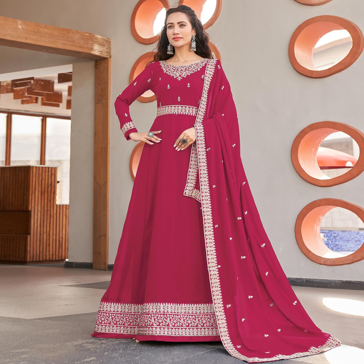 Pink Sequins Embroidered Georgette Anarkali Suit