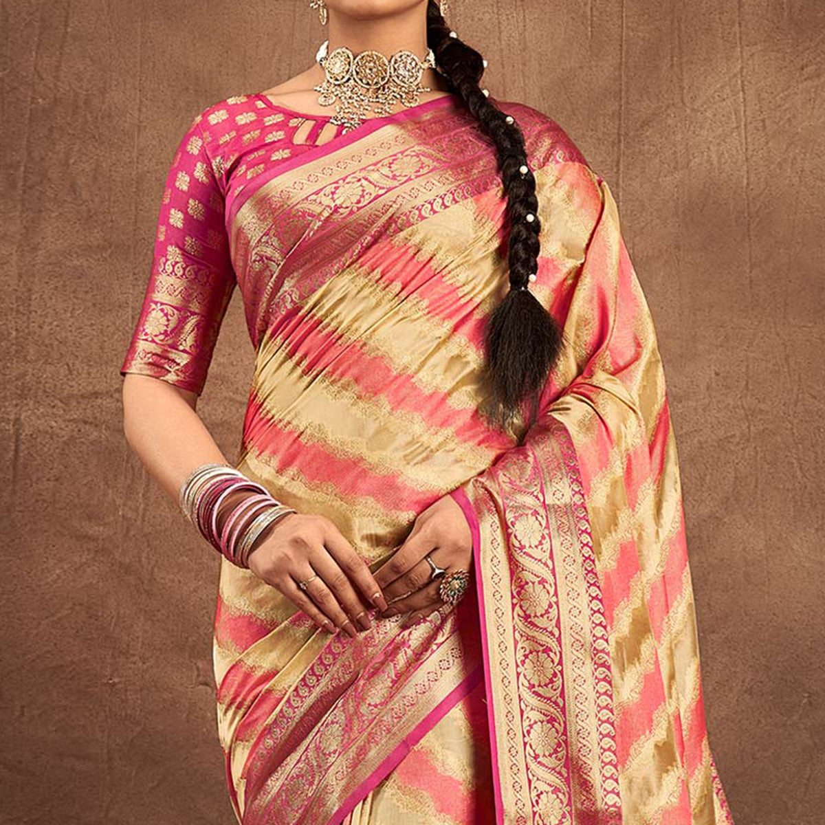 Pink & Chikoo Woven Art Silk Saree