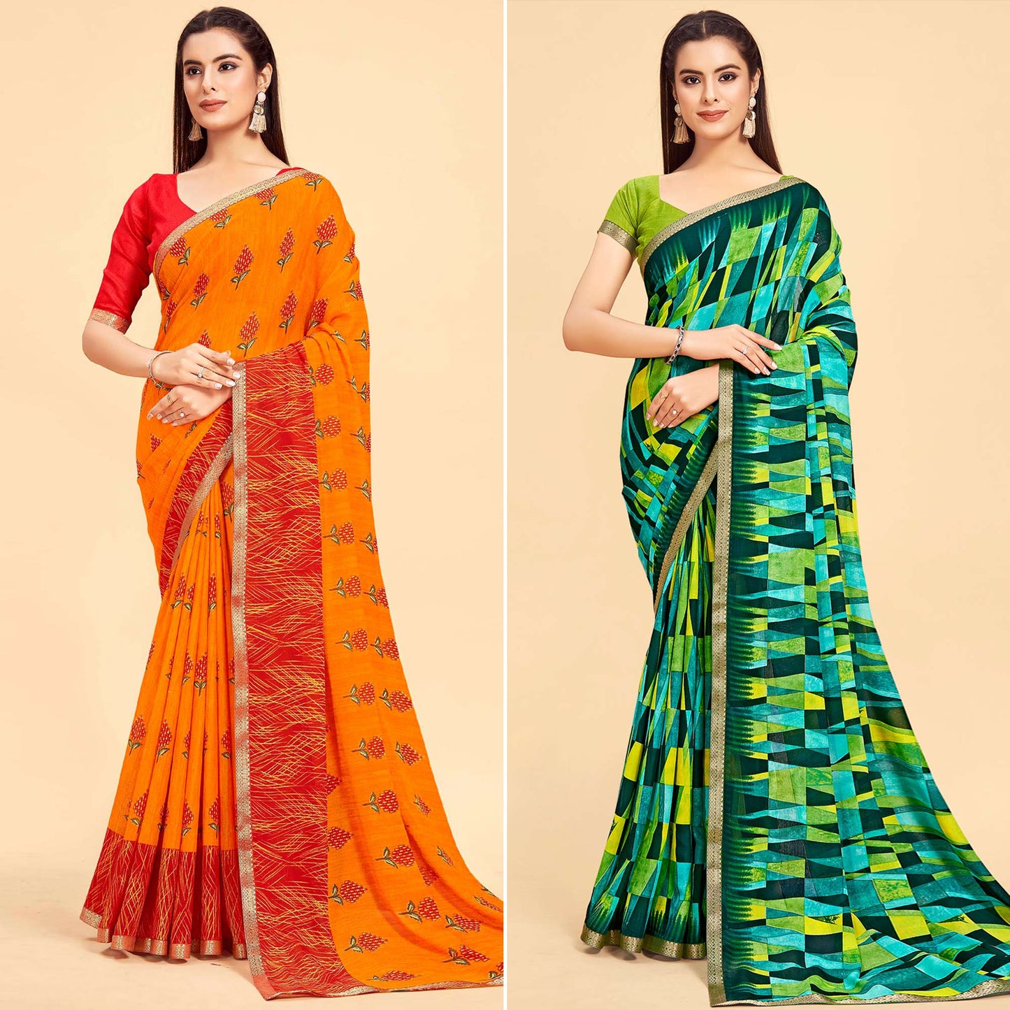 Orange And Multicolored Printed Art Silk Saree Pack Of 2