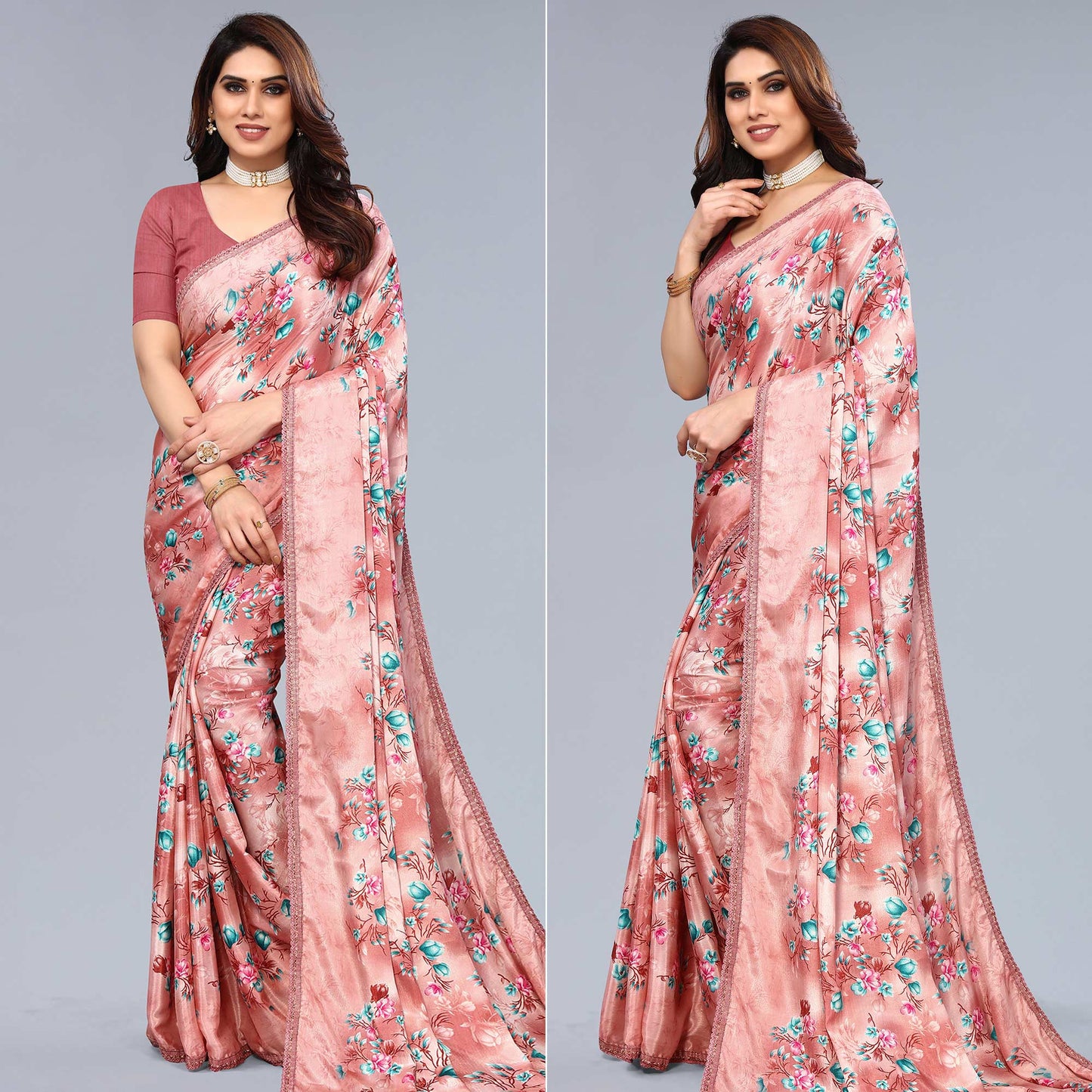 Peach Floral Printed Art Silk Saree With Crochet Border