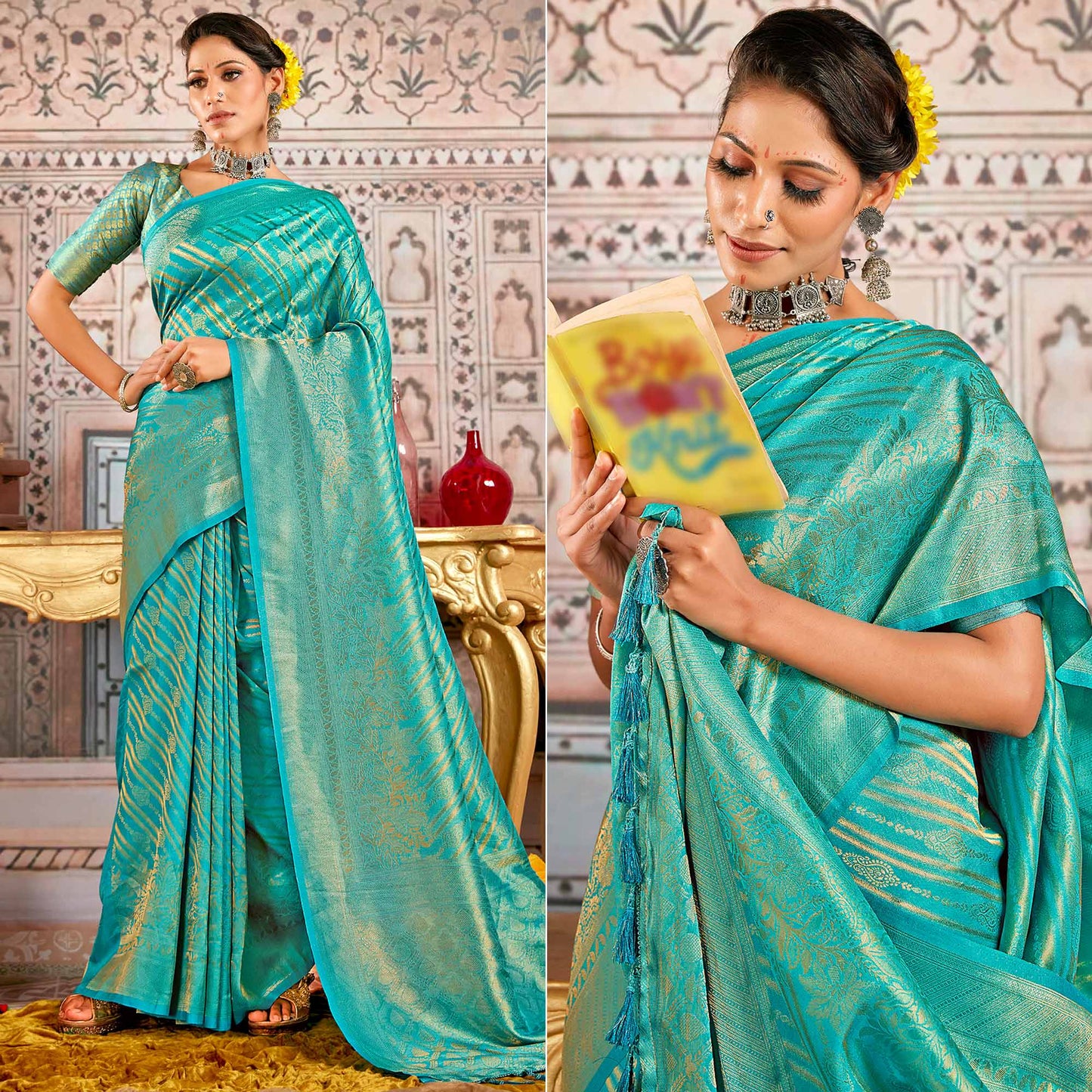 Aqua Blue Floral Woven Art Silk Saree