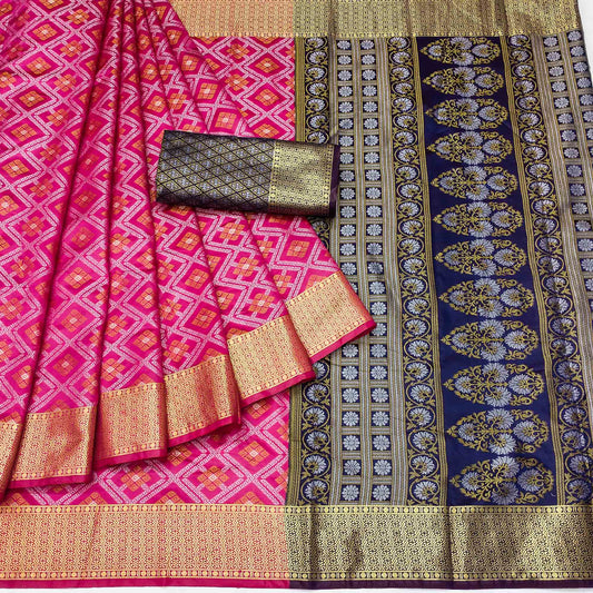 Pink Bandhani Woven Banarasi Silk Saree