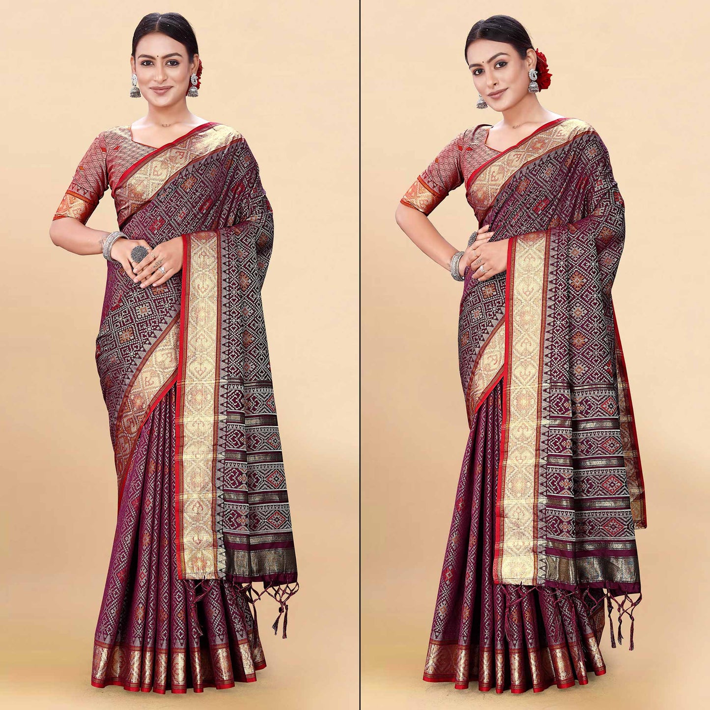 Wine Woven Patola Art Silk Saree With Tassels