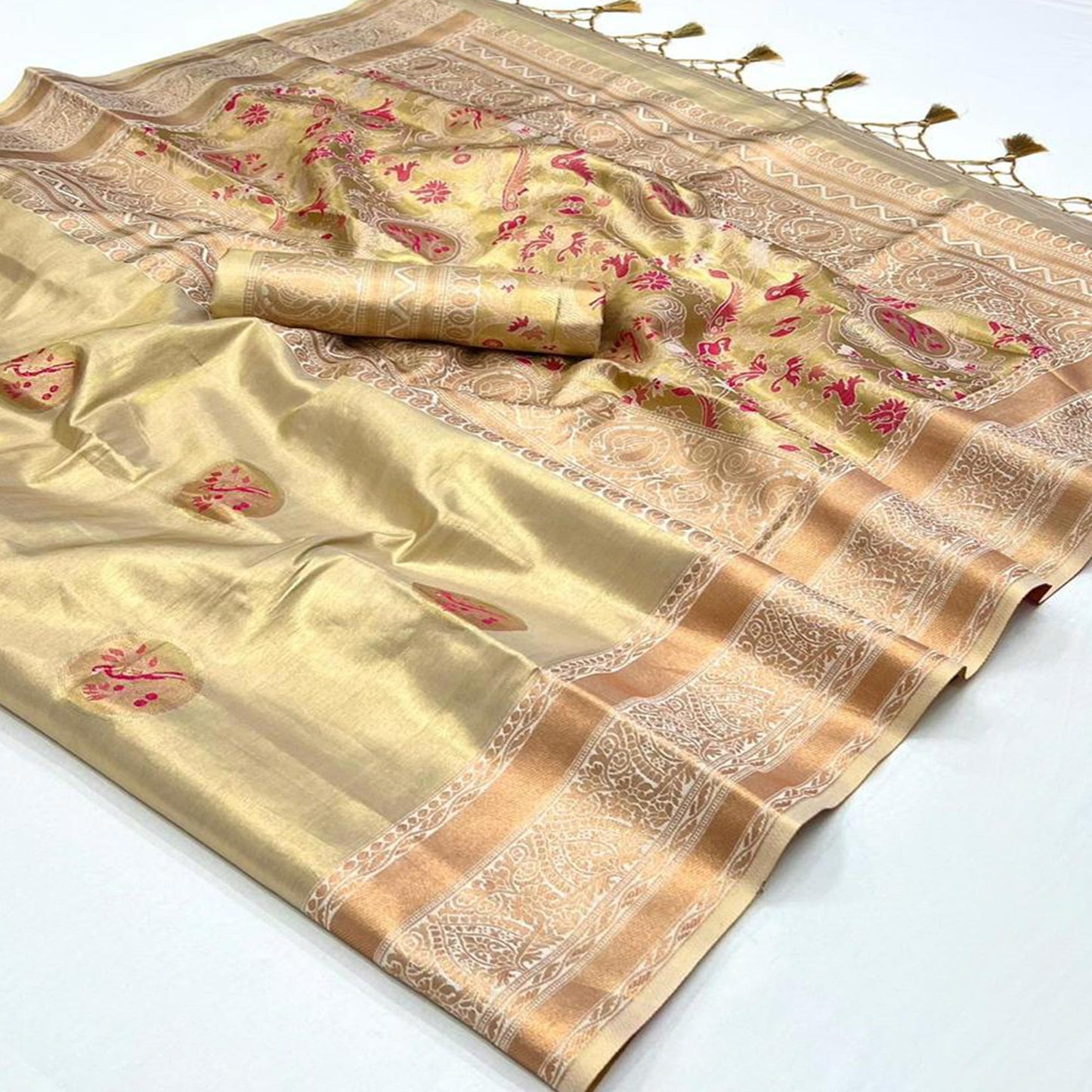 Cream Woven Art Silk Saree With Tassels