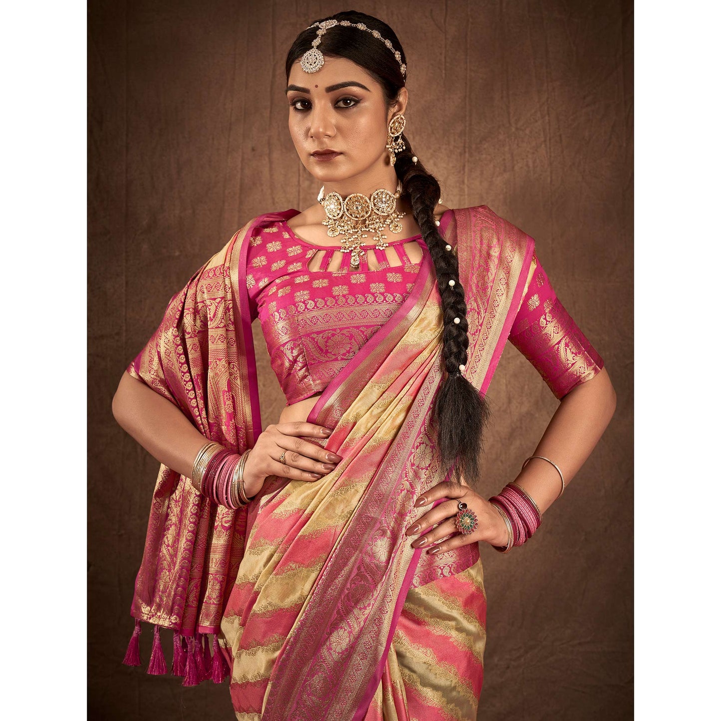 Pink & Chikoo Woven Art Silk Saree