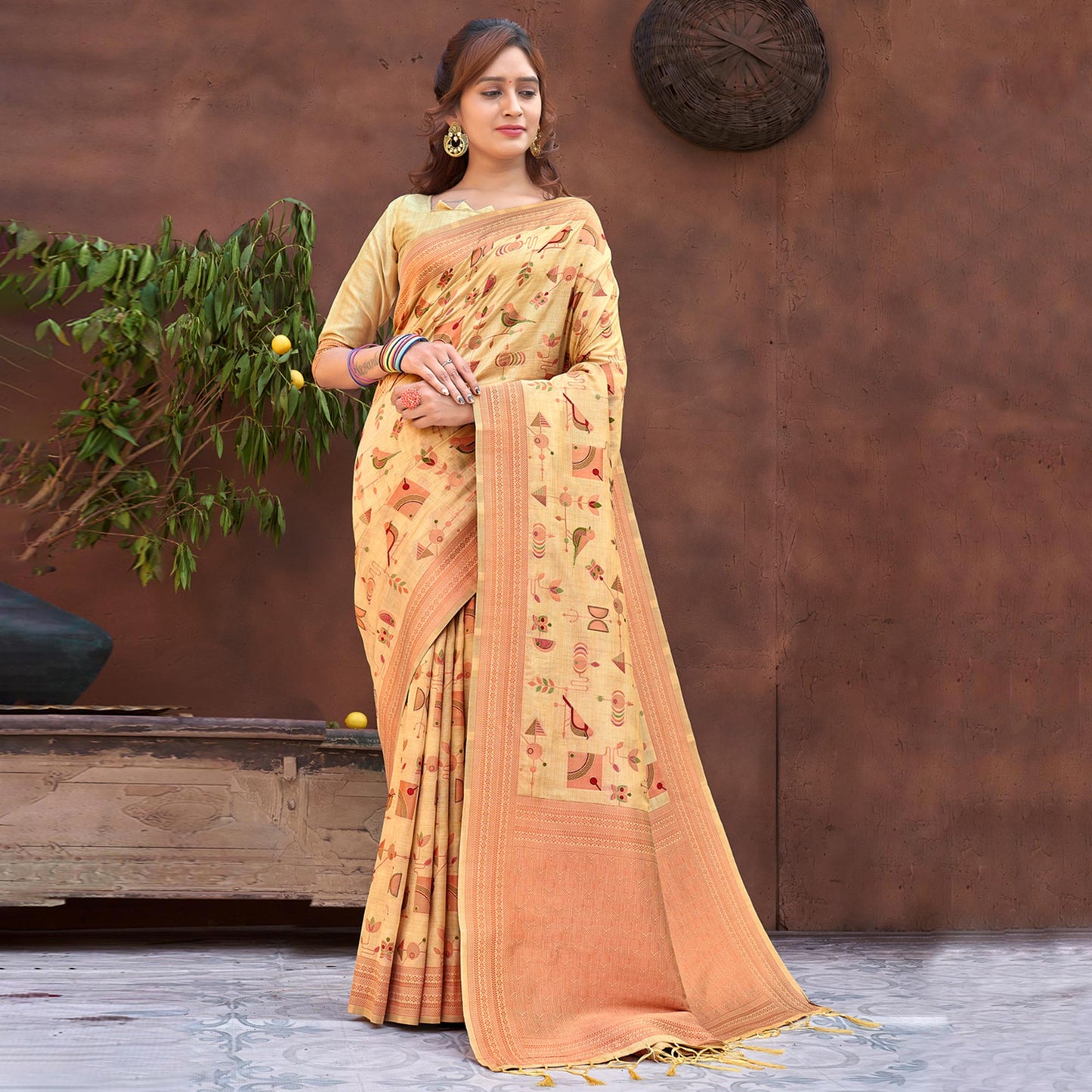 Light Yellow Woven Art Silk Saree With Tassels