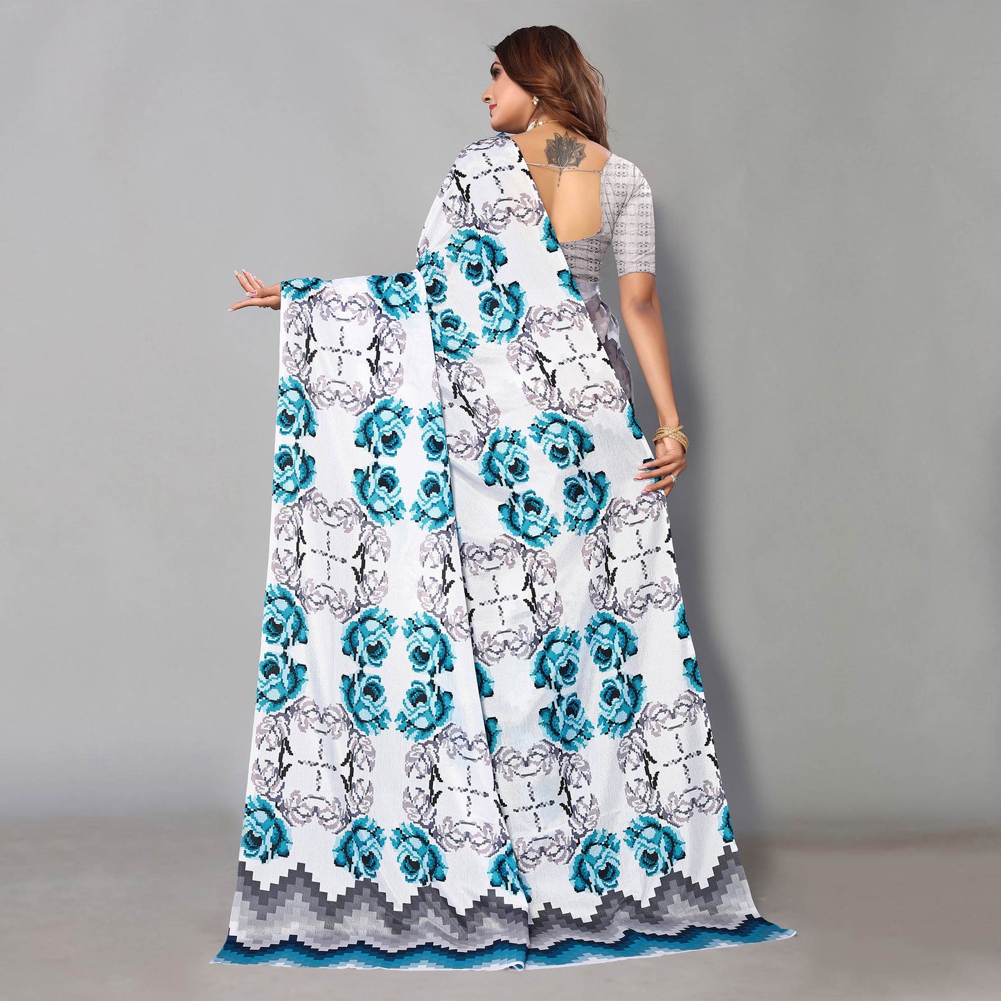 Grey & Blue Digital Printed Chiffon Saree