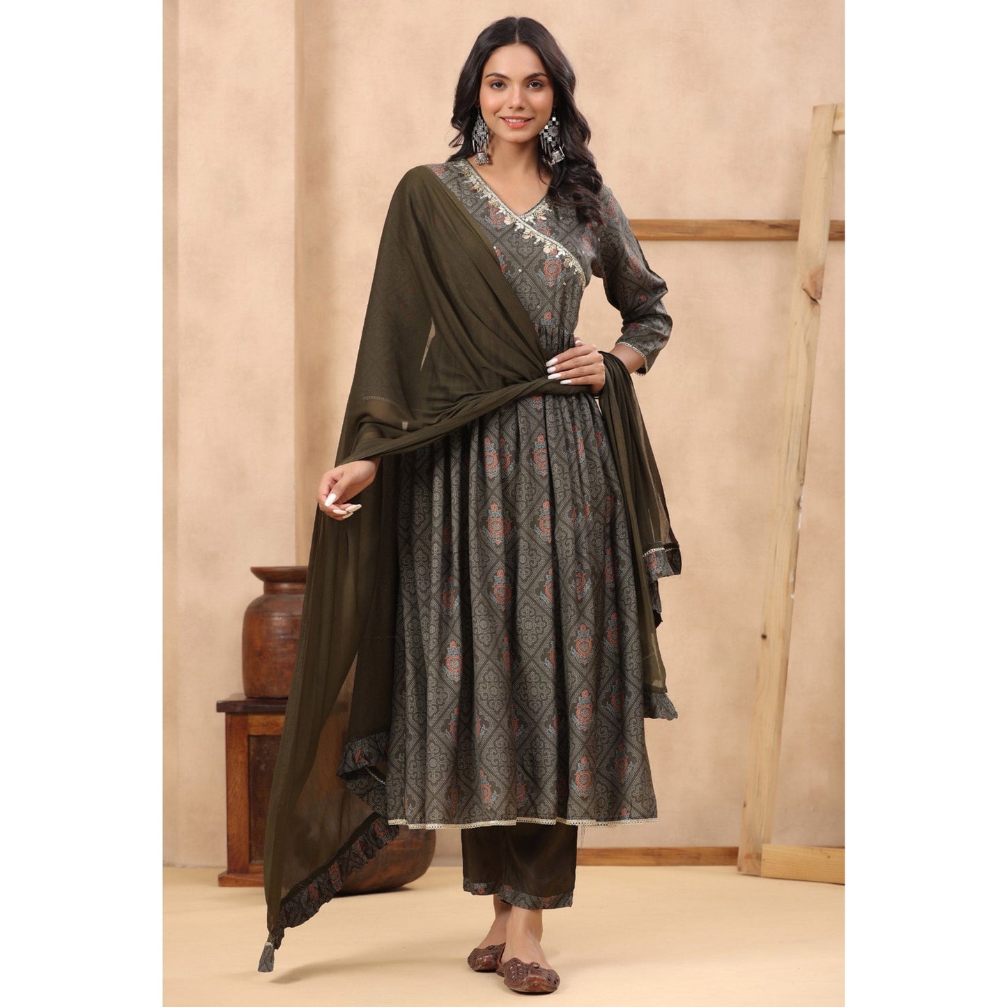 Grey Jaipuri Printed With Sequins Work Muslin Anarkali Suit