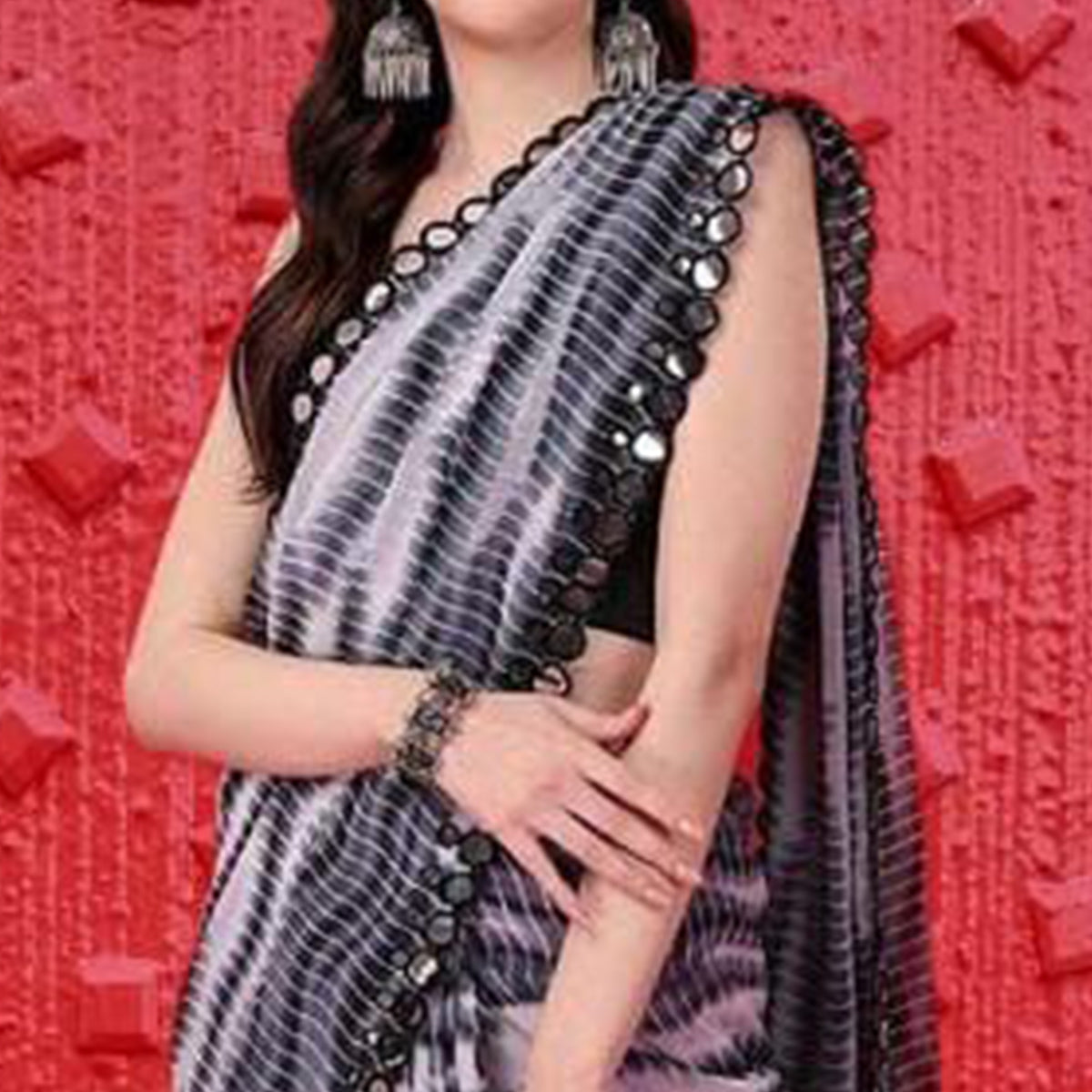 Black Printed With Fancy Mirror Georgette Saree