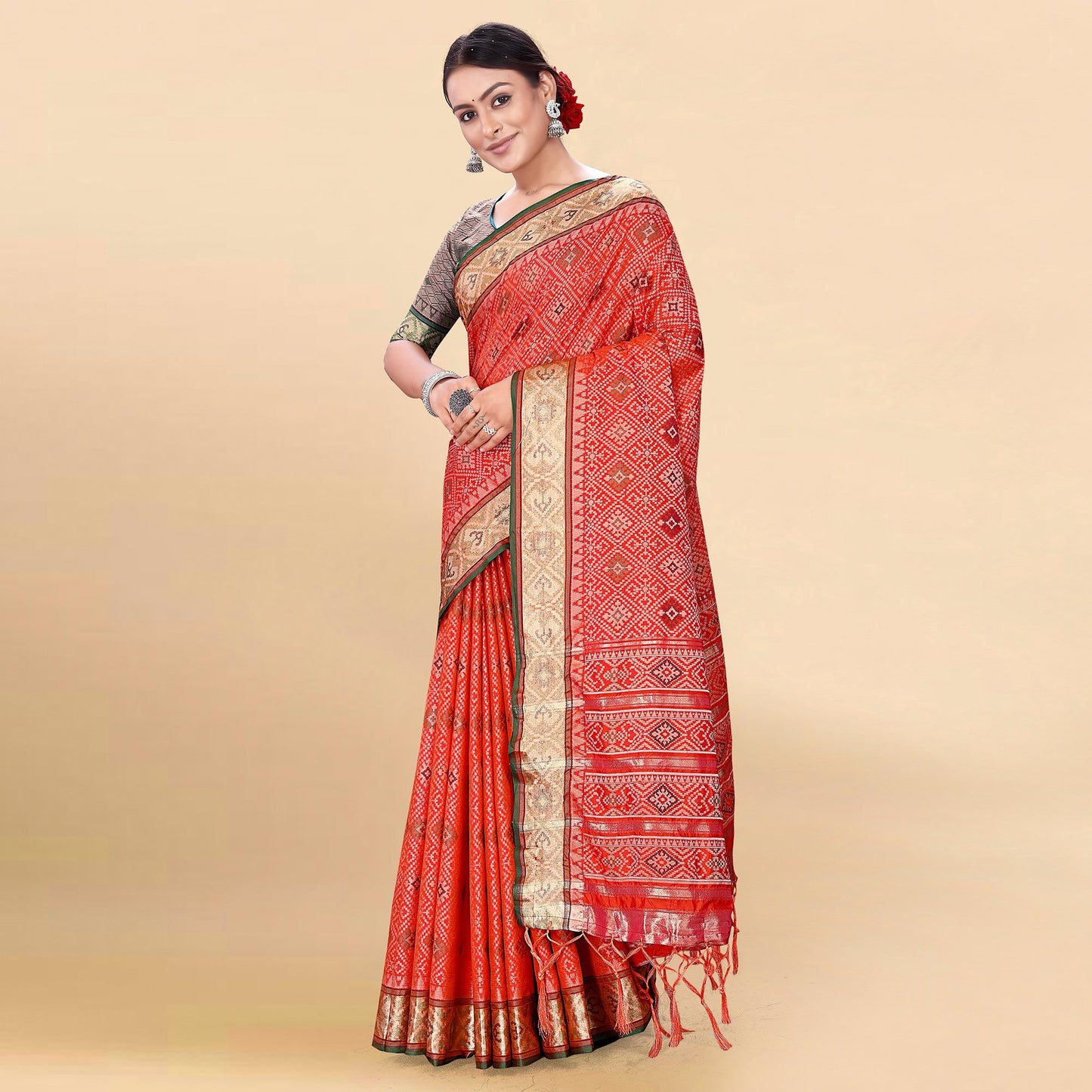 Red Woven Patola Art Silk Saree With Tassels