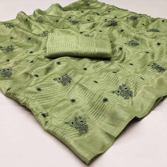 Green Floral Embroidered Art Silk Saree