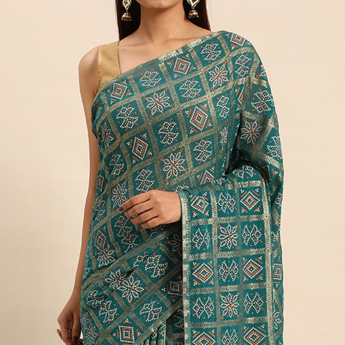 Turquoise Green Bandhani Foil Printed Zomato Saree With Tassels