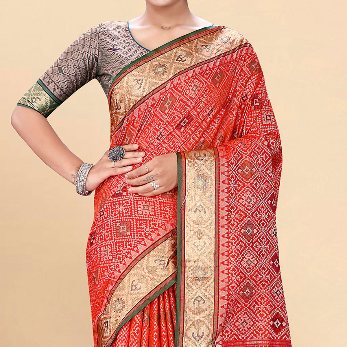 Red Woven Patola Art Silk Saree With Tassels