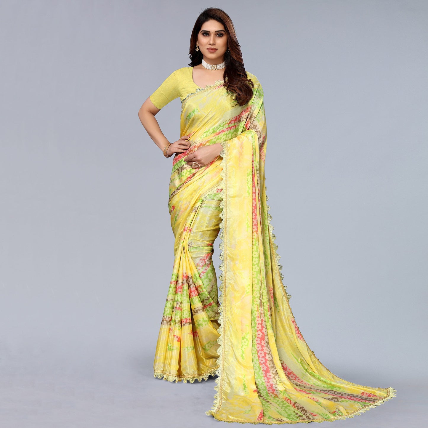 Yellow Floral Printed Art Silk Saree With Crochet Border