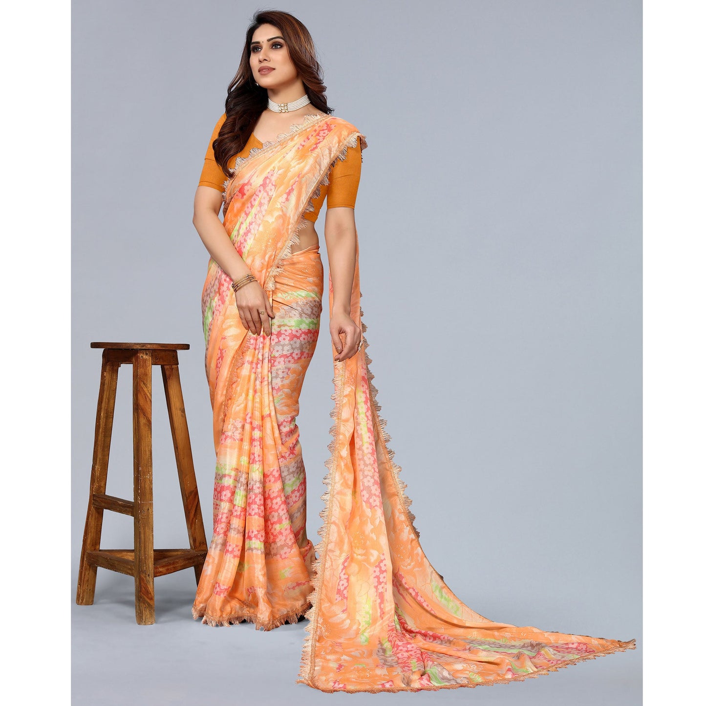 Orange Floral Printed Art Silk Saree With Crochet Border