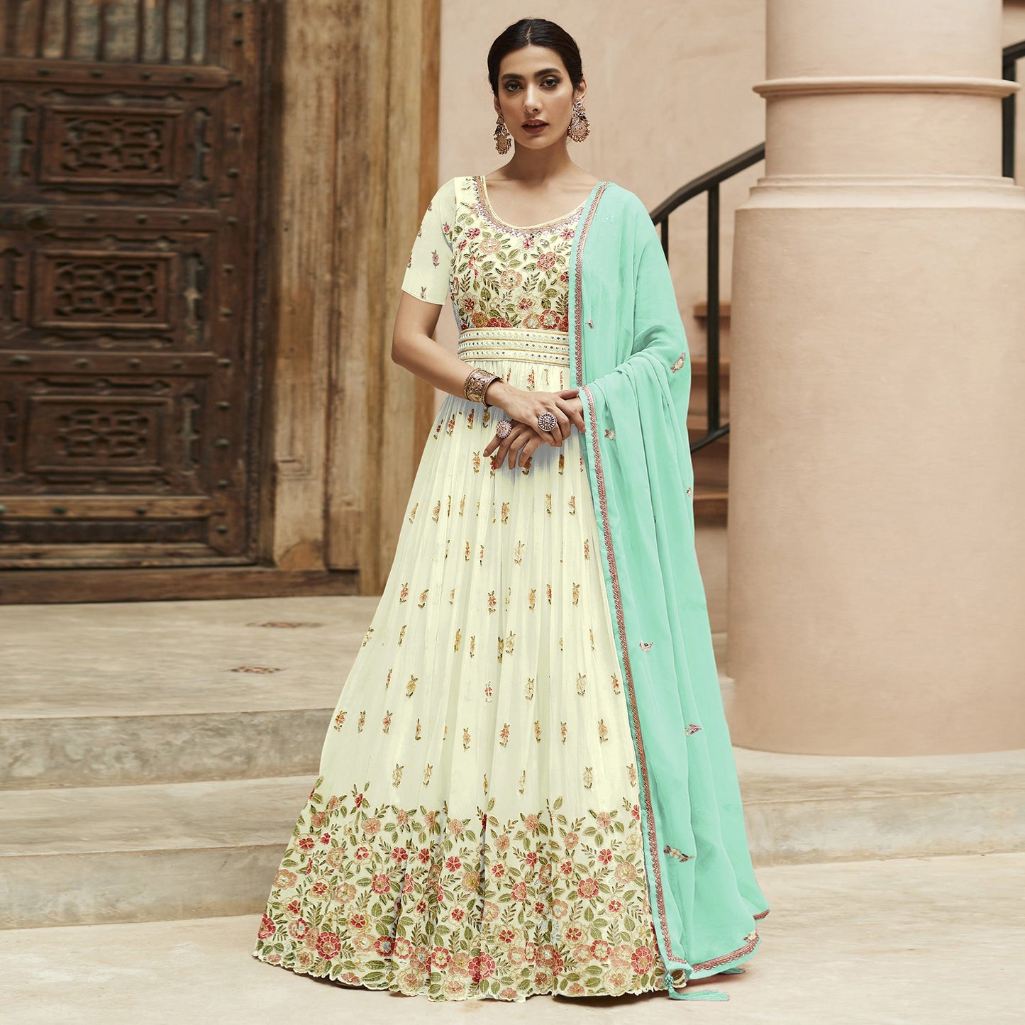 Off White Sequins Floral Embroidered Georgette Semi Stitched Anarkali Suit