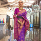 Violet Floral Woven Art Silk Saree With Tassels