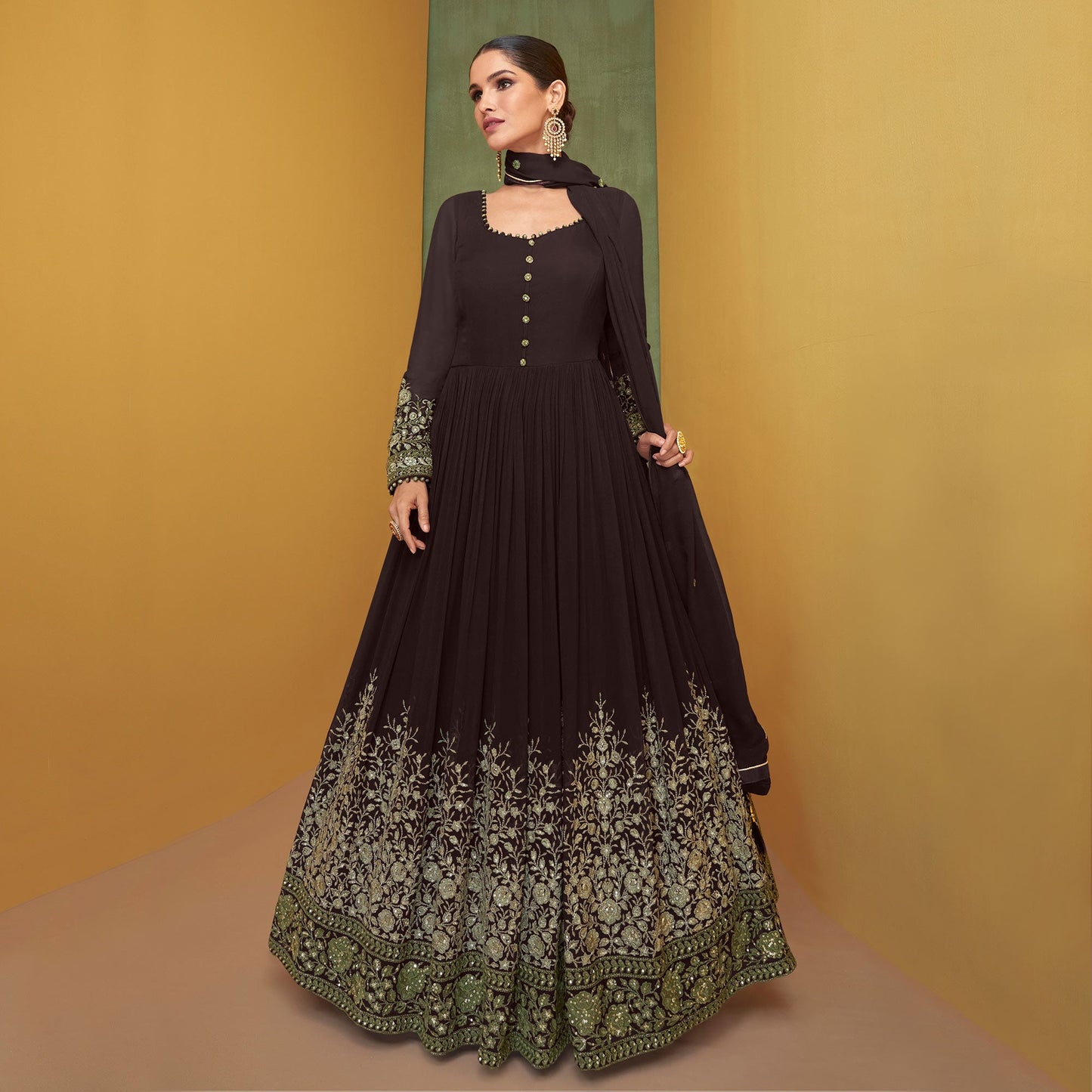 Brown Floral Embroidered Georgette Anarkali Suit