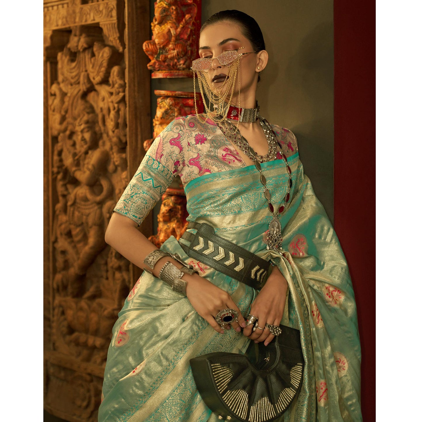 Sea Green Woven Art Silk Saree With Tassels