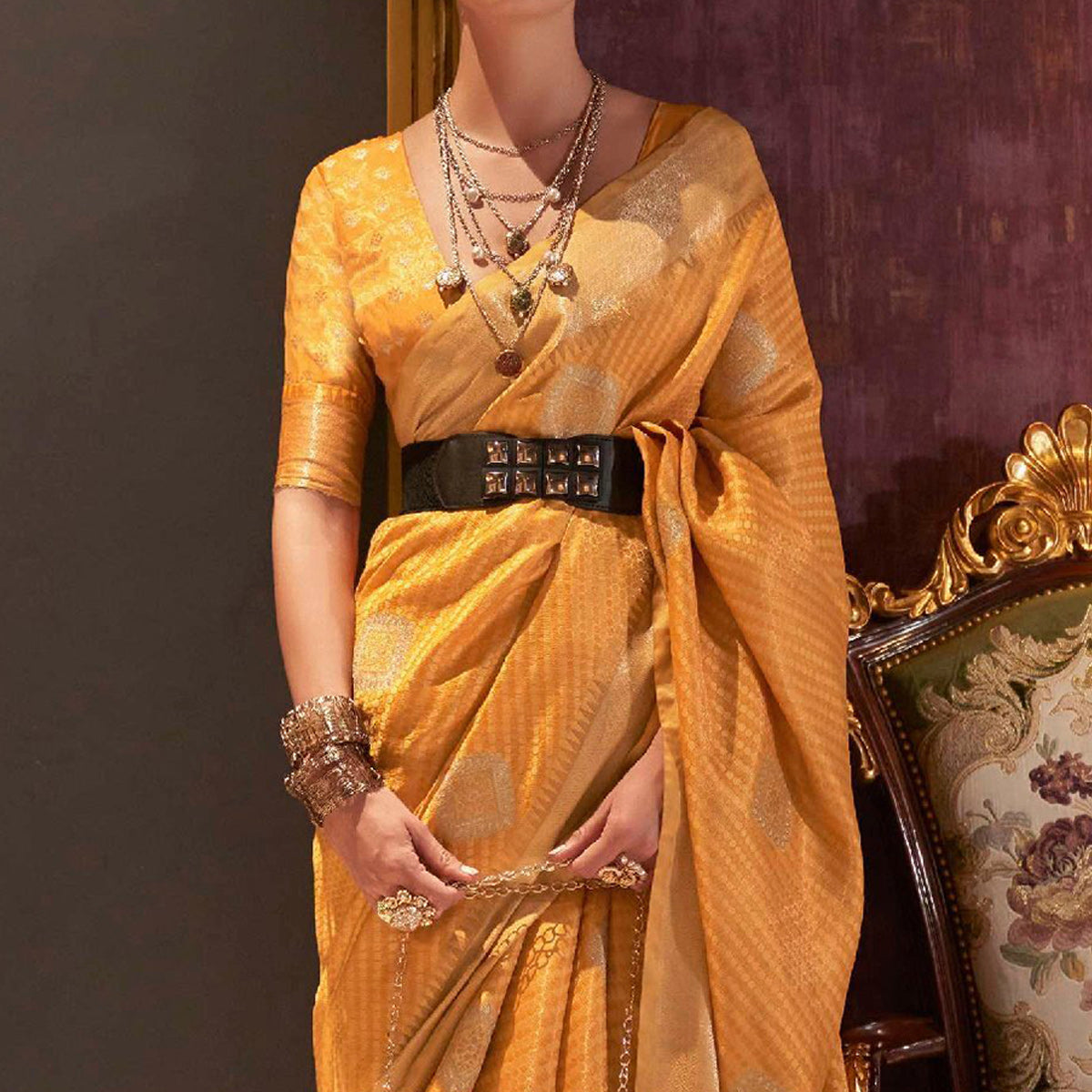 Mustard Woven Art Silk Saree With Tassels