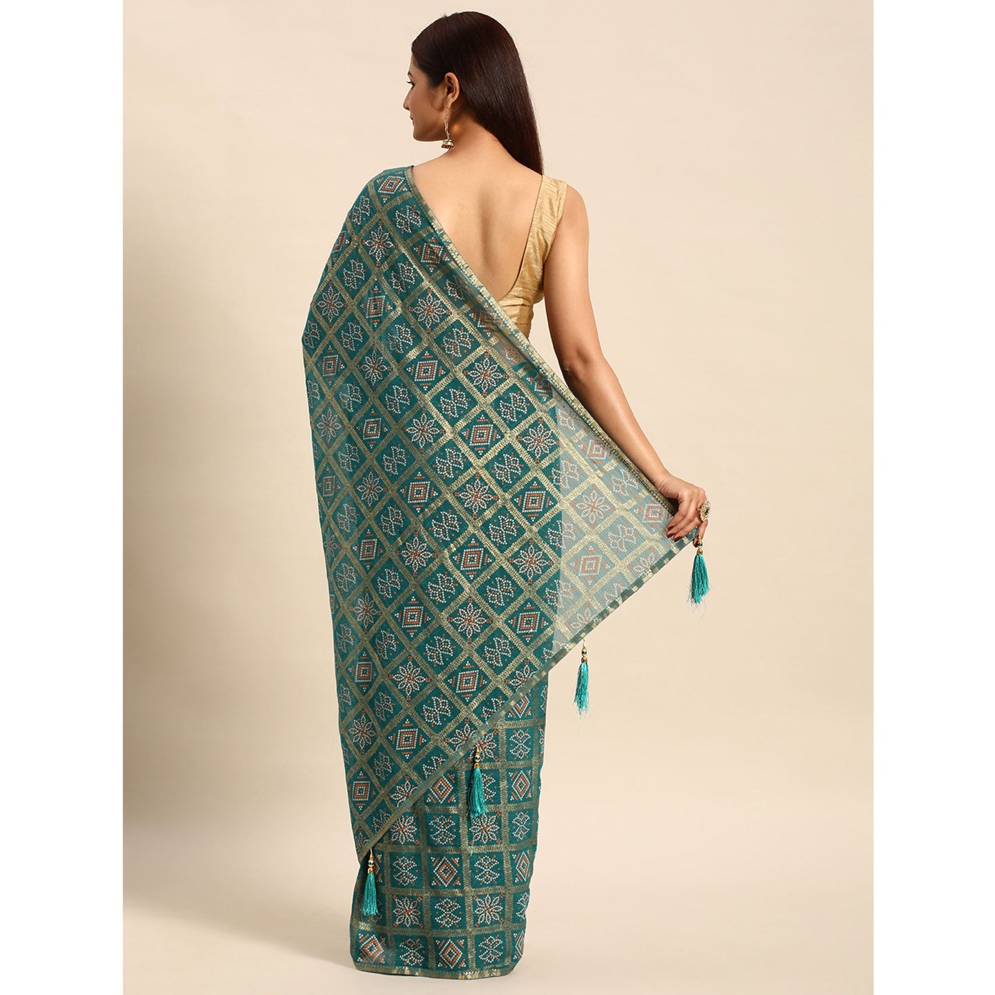 Turquoise Green Bandhani Foil Printed Zomato Saree With Tassels