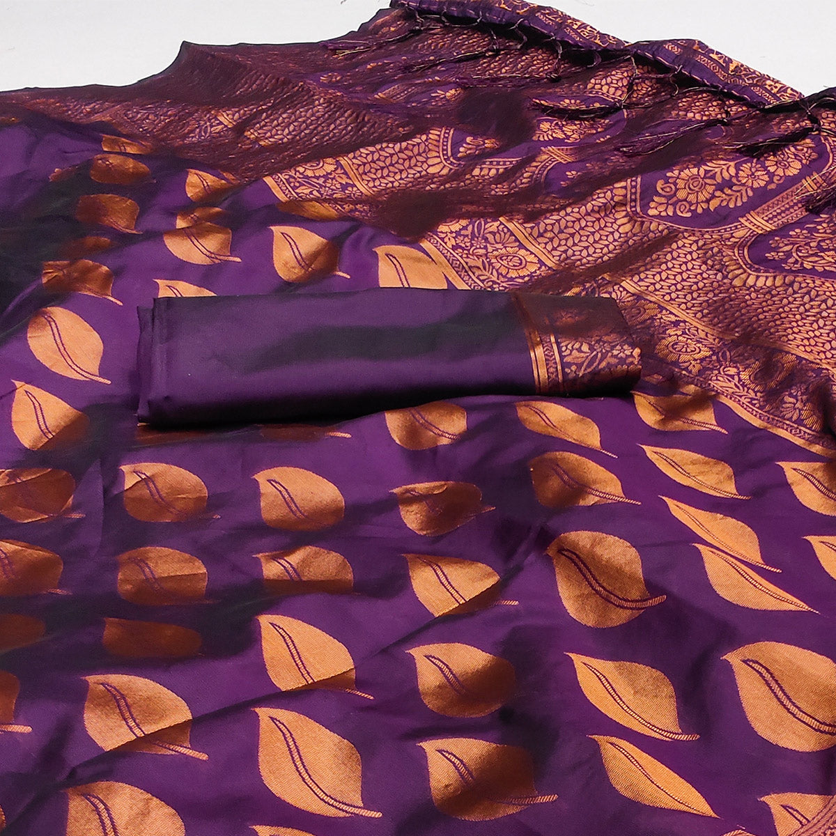 Purple Woven Art Silk Saree With Tassels