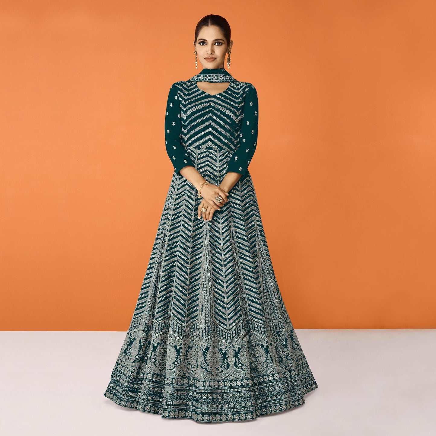 Teal Blue Sequins Embroidered Georgette Semi Stitched Anarkali Suit