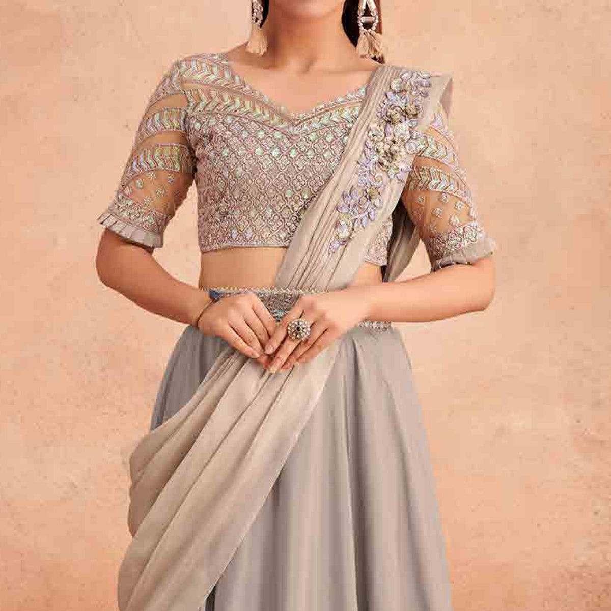 Light Grey Sequins Embroidered Ready to Wear Art Silk Saree