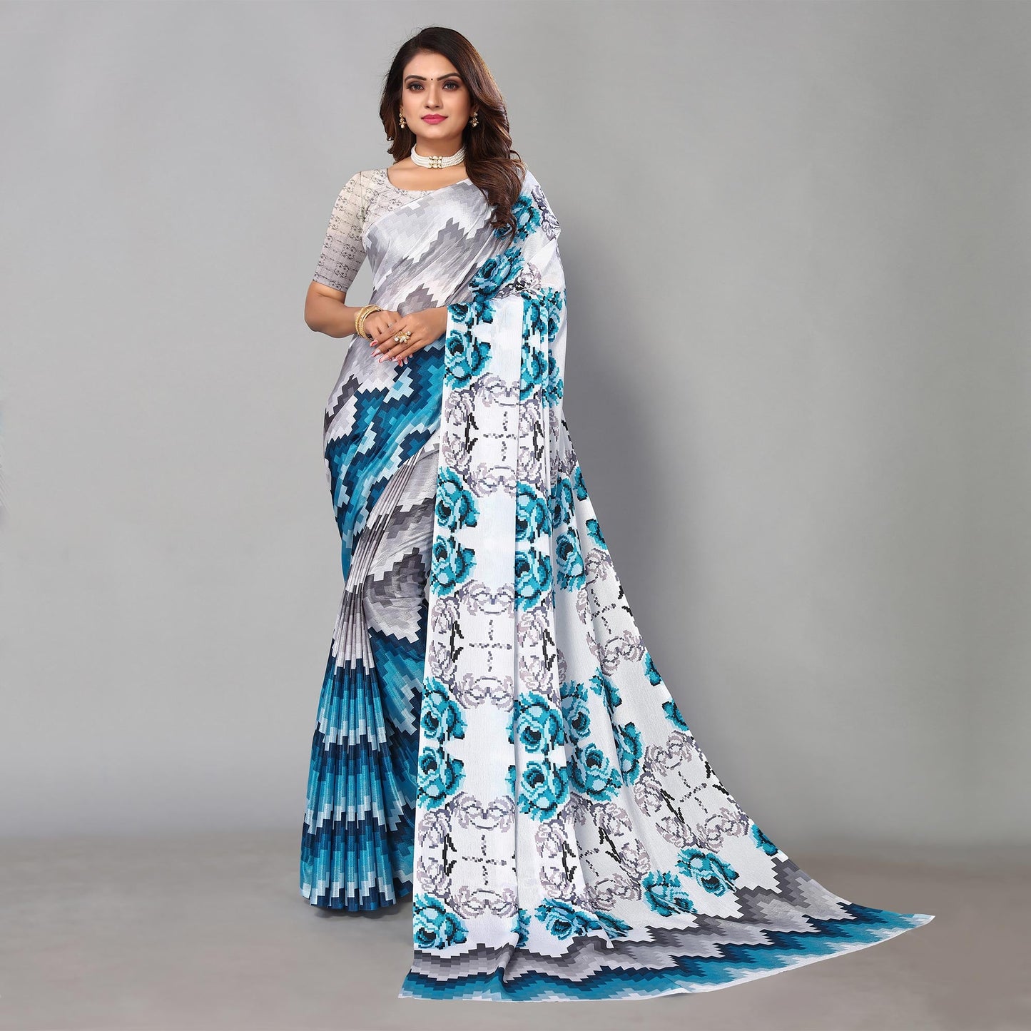 Grey & Blue Digital Printed Chiffon Saree