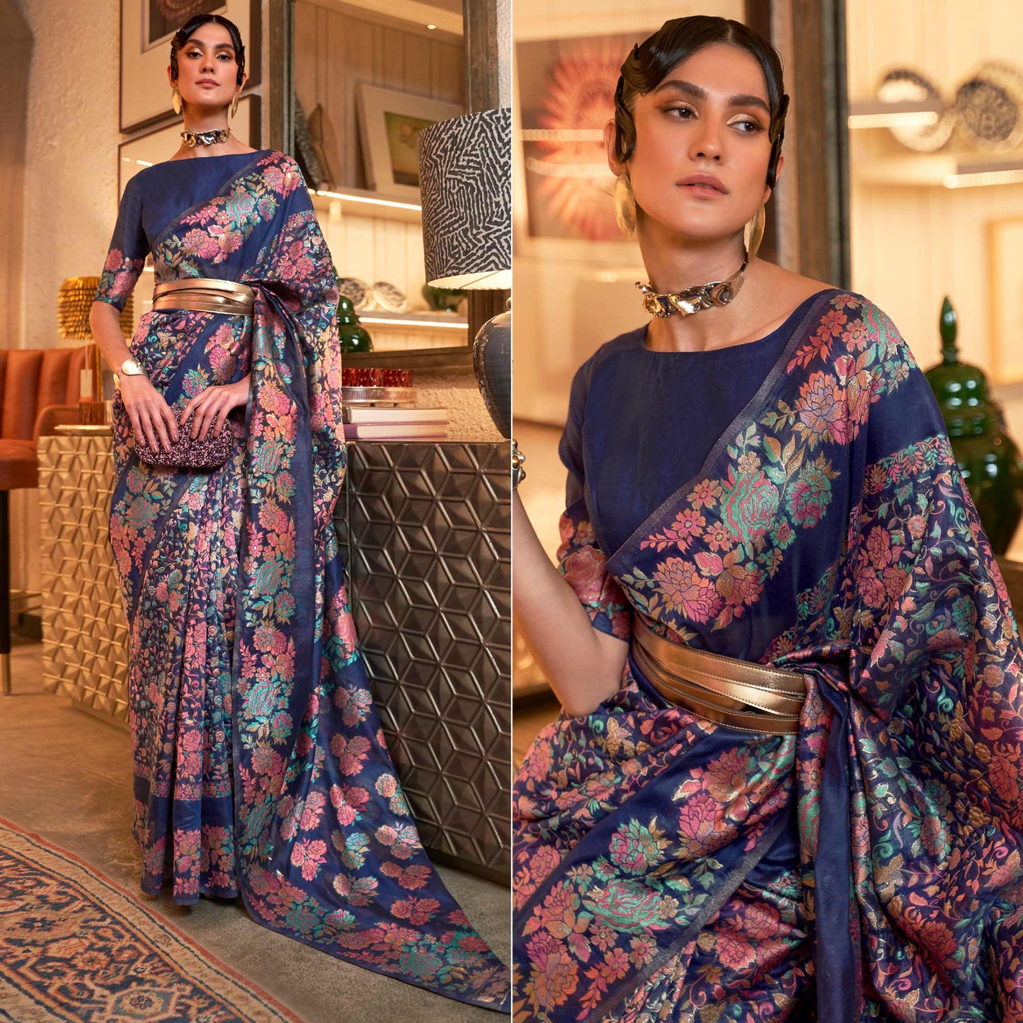 Navy Blue Floral Woven Art Silk Saree