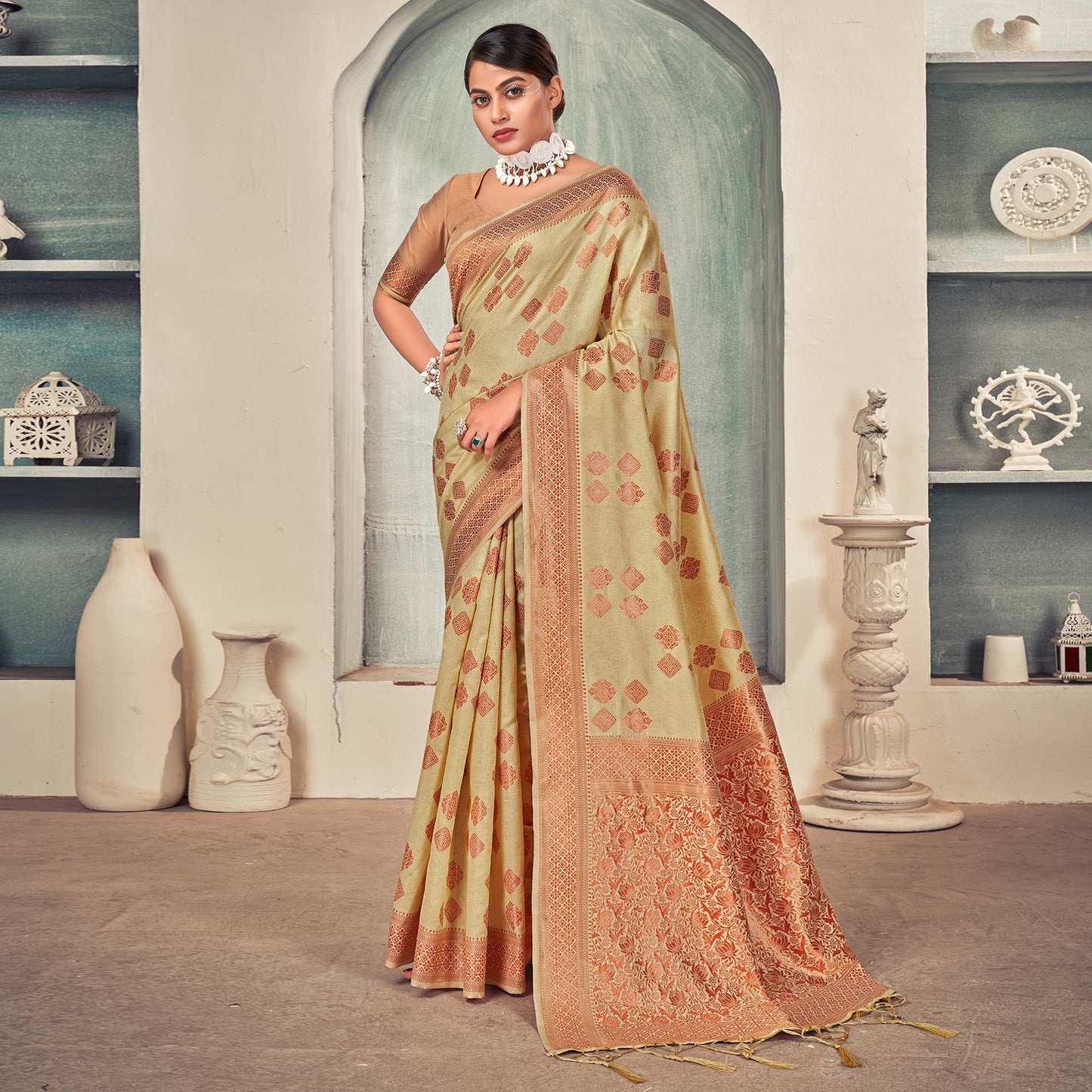 Beige Woven Art Silk Saree With Tassels