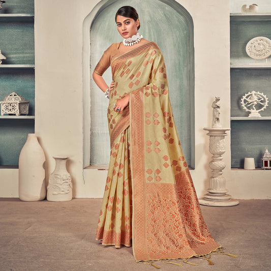 Beige Woven Art Silk Saree With Tassels