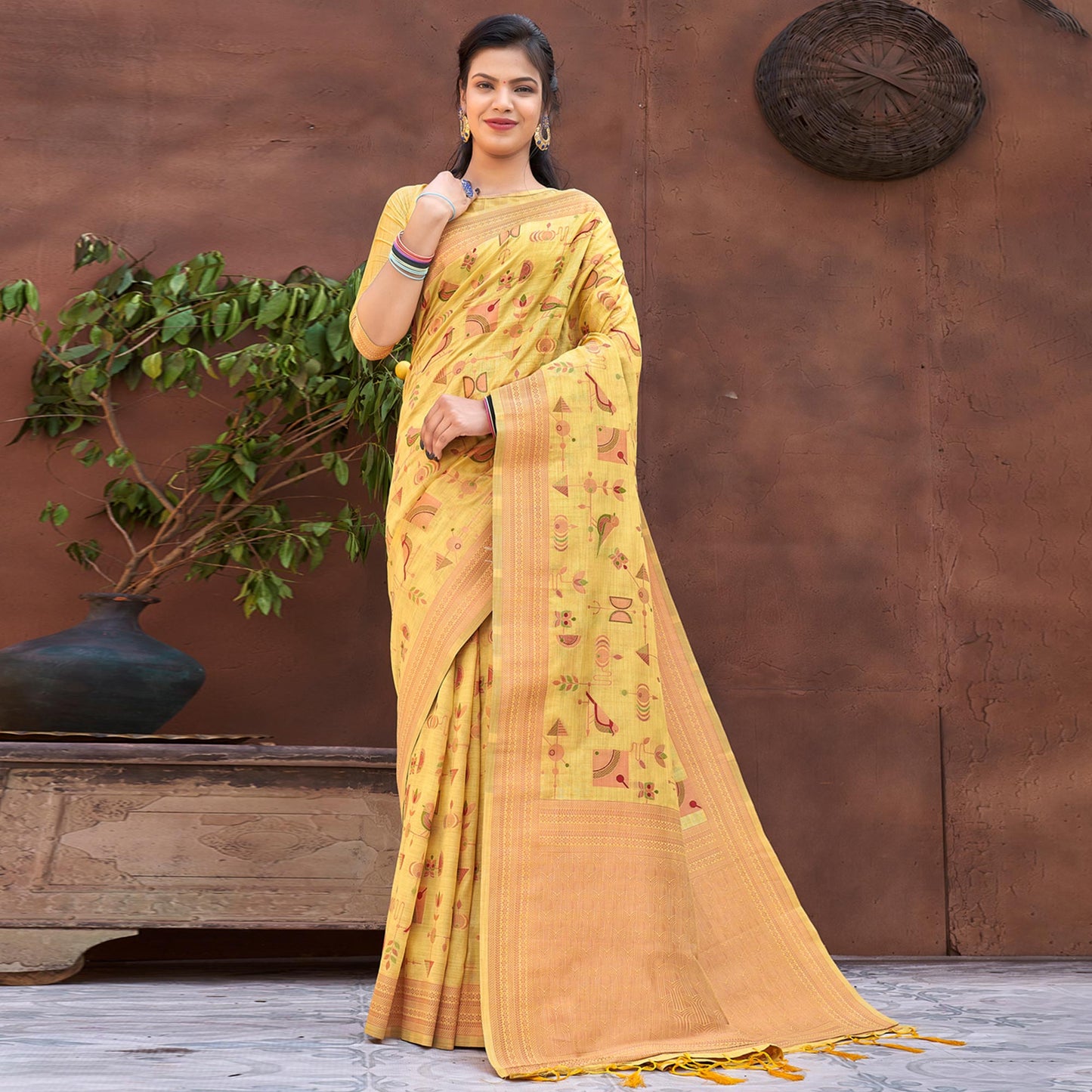 Yellow Woven Art Silk Saree With Tassels