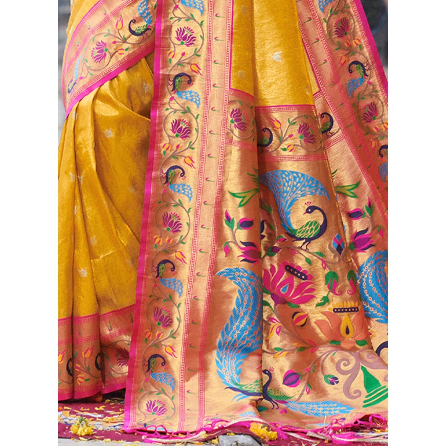 Yellow Woven Art Silk Paithani Saree With Tassels