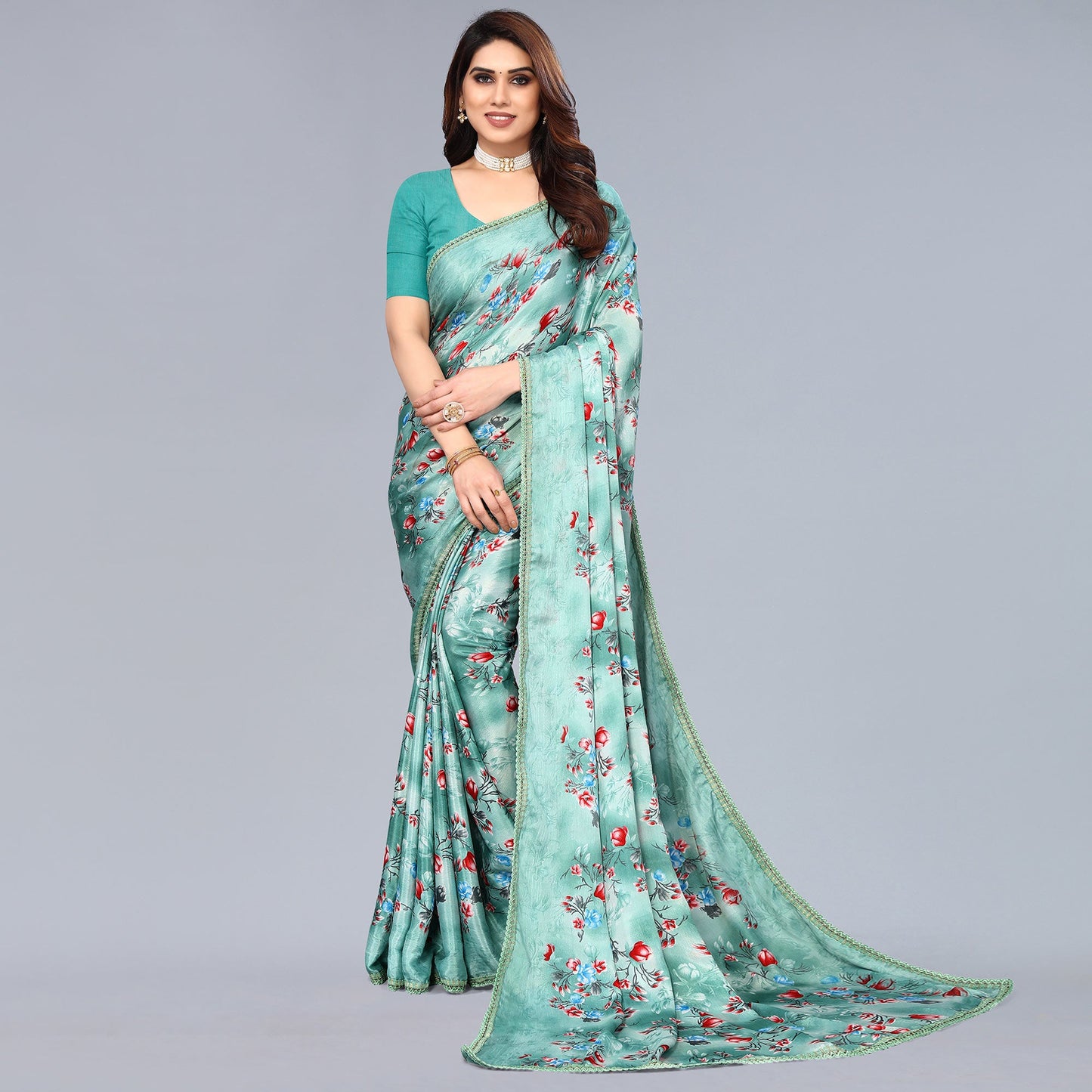 Sea Green Floral Printed Art Silk Saree With Crochet Border