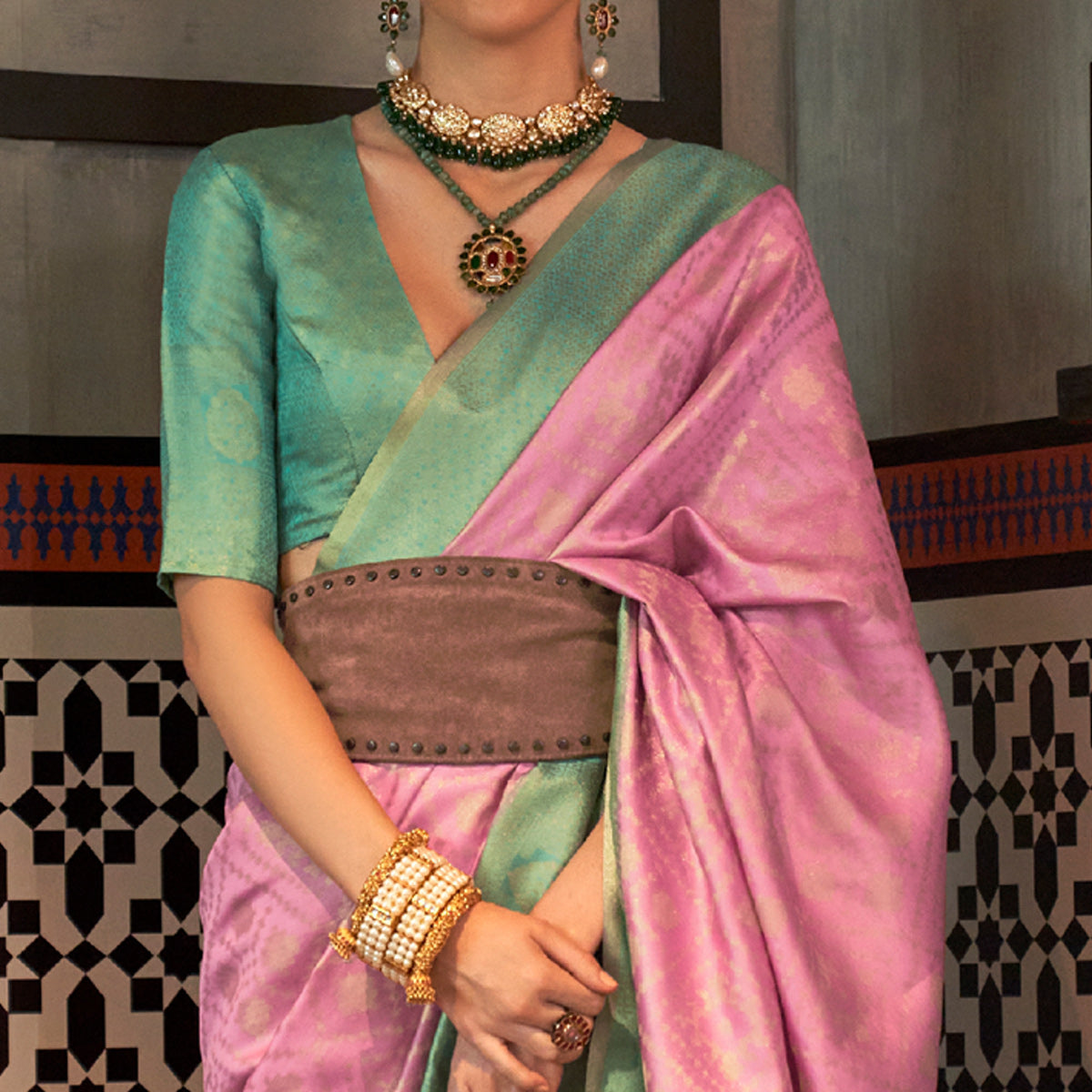 Light Pink Woven Art Silk Saree With Tassels