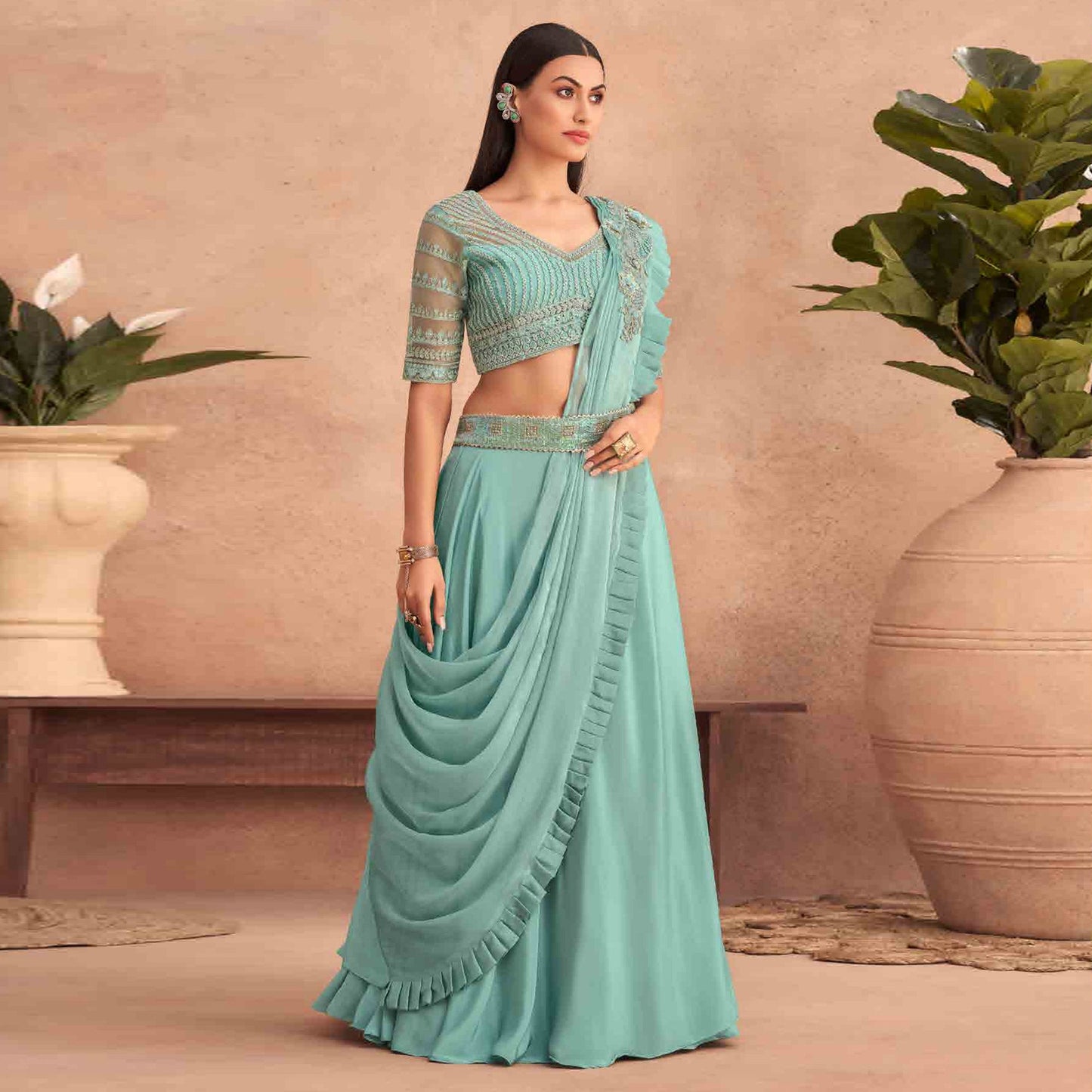 Aqua Blue Sequins Embroidered Ready to Wear Art Silk Saree