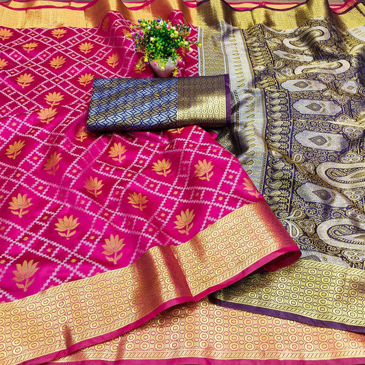 Pink Floral Woven Banarasi Silk Saree