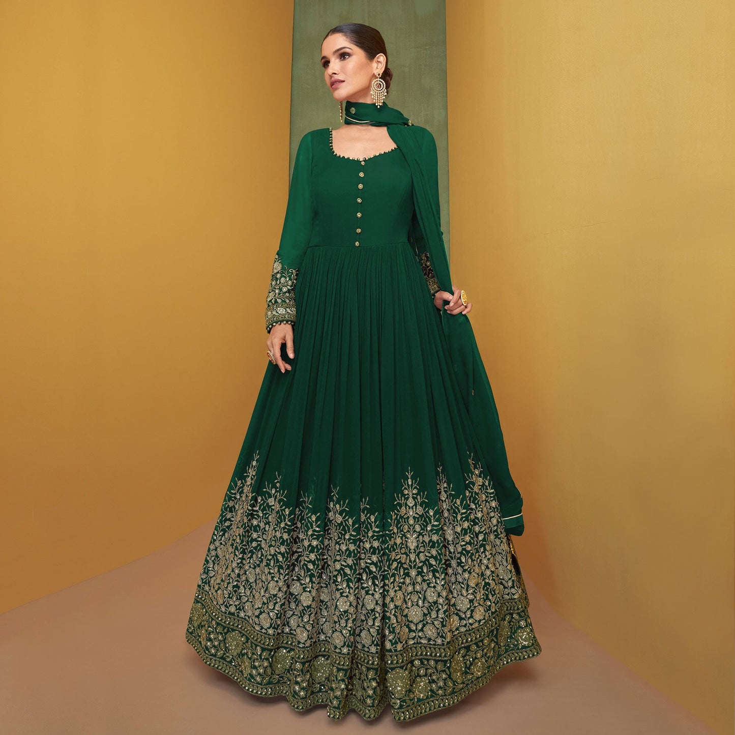 Green Floral Embroidered Georgette Anarkali Suit