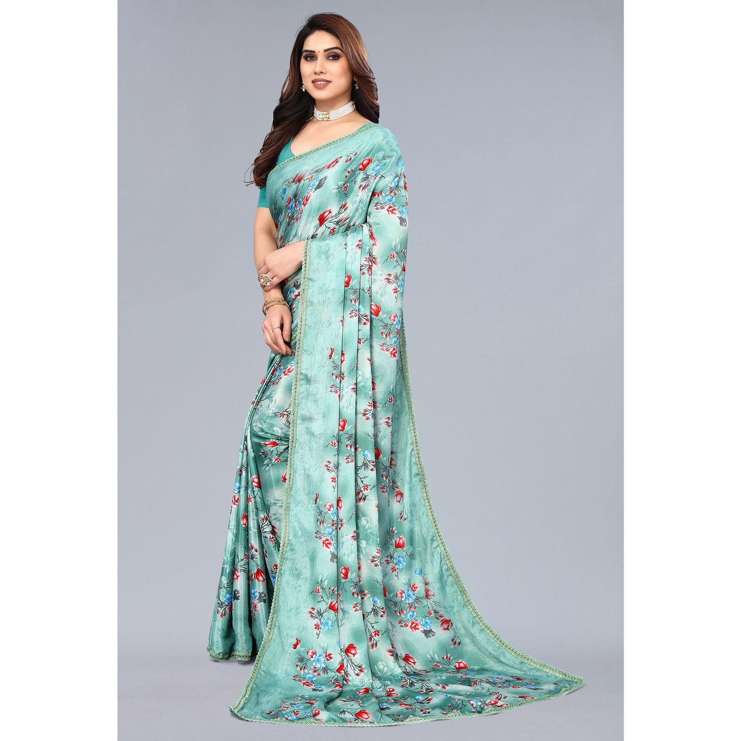 Sea Green Floral Printed Art Silk Saree With Crochet Border