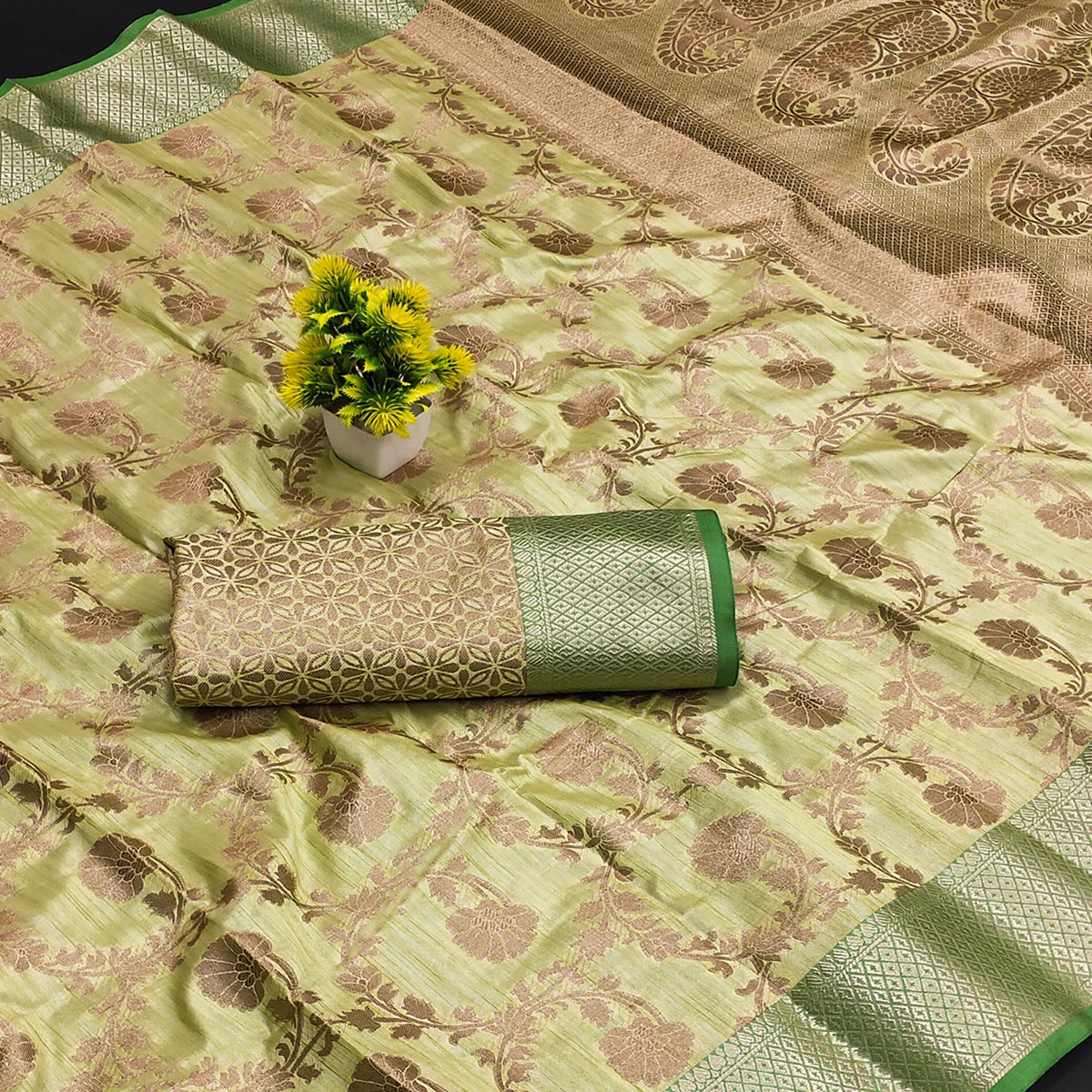 Parrot Green Floral Woven Kanjivaram Silk Saree