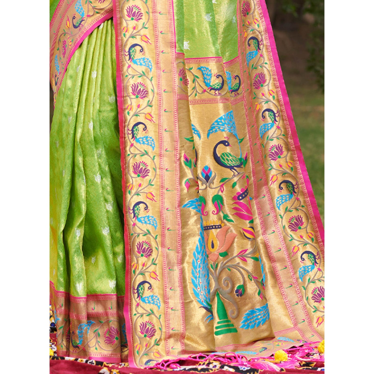 Parrot Green Woven Art Silk Paithani Saree With Tassels