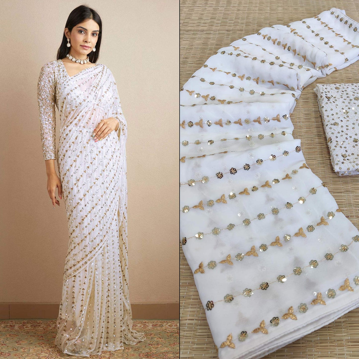 White Sequins Embroidered Georgette Saree