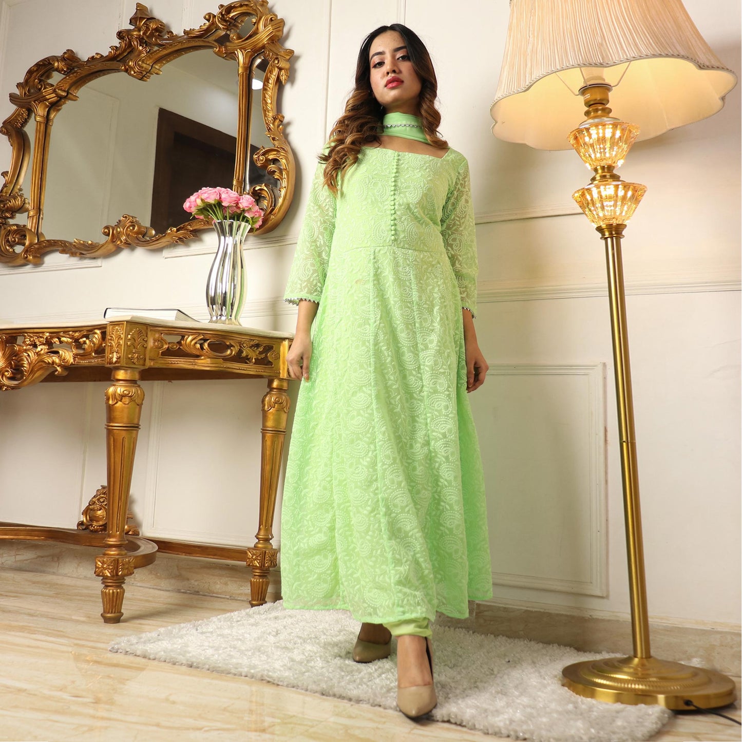 Pista Green Chikankari Work Georgette Anarkali Suit