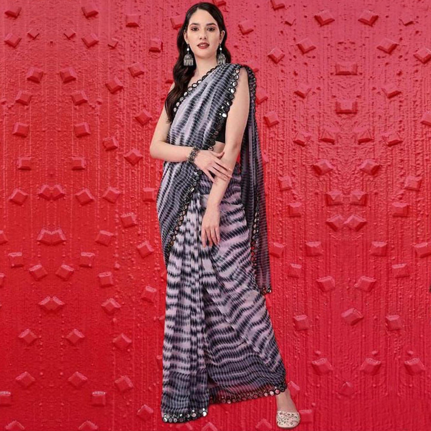 Black Printed With Fancy Mirror Georgette Saree