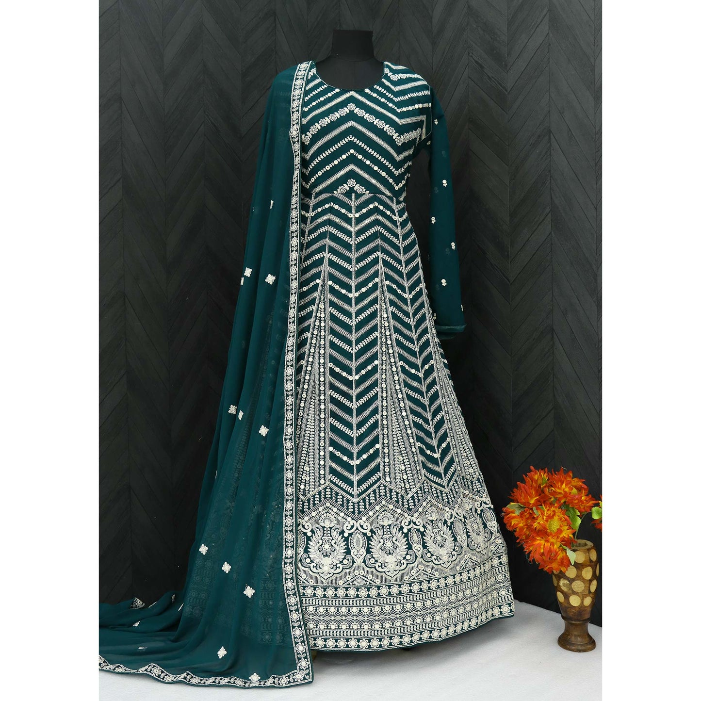 Teal Blue Sequins Embroidered Georgette Semi Stitched Anarkali Suit