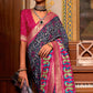 Navy Blue & Rose Pink Printed Art Silk Saree