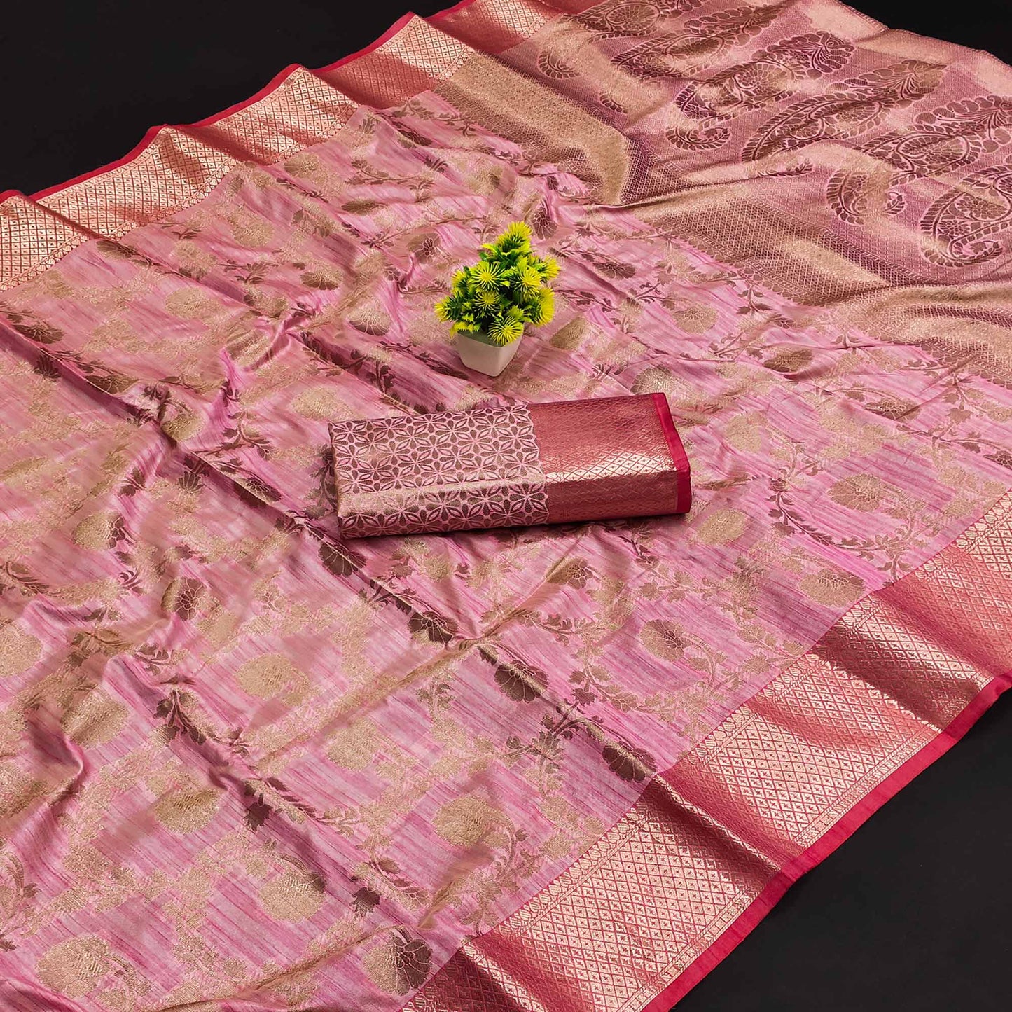 Pink Floral Woven Kanjivaram Silk Saree