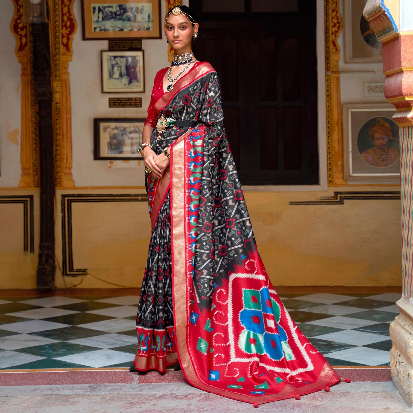 Black & Red Printed Art Silk Saree