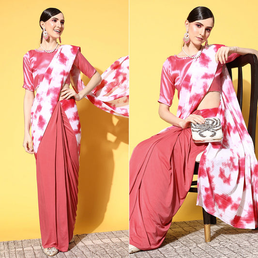 Pink Abstract Printed Art Silk Half & Half Saree